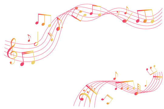 赤と金色の五線譜のフレームイラスト　背景イラスト　音符、休符、音楽記号のイラスト