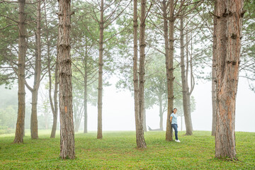 woman with pine trees in misty nature