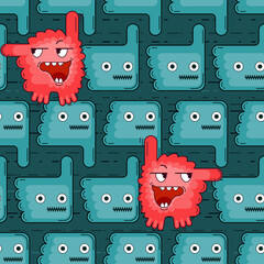 Funny monsters have shape of hand with thumbs up and down. Seamless vector pattern about silent majority and individual person who stands out from the crowd and has independent opinion.