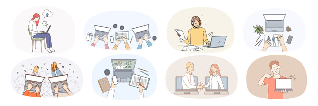 Set of diverse people work online on computer. Collection of person use internet for study or job on laptop. Remote education or employment. Technology concept. Vector illustration. 