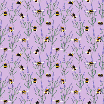 Honey bees and lavender seamless pattern