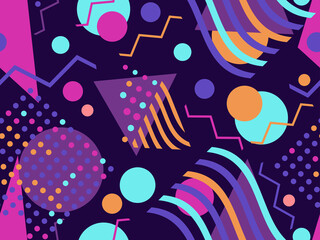 Seamless pattern with geometric shapes in 80s memphis style. Abstract background with chaotic geometry. Design for brochures, banners and promotional materials. Vector illustration