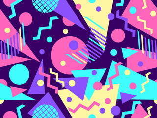 Seamless pattern with geometric shapes in 80s memphis style. Abstract background with chaotic geometry. Design for brochures, banners and promotional materials. Vector illustration