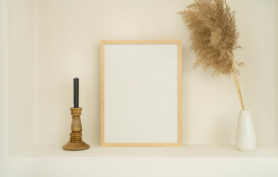 Wood Frame Mockup Wall Art Print Interior Candle Pampas Leave Object Poster Exhibition