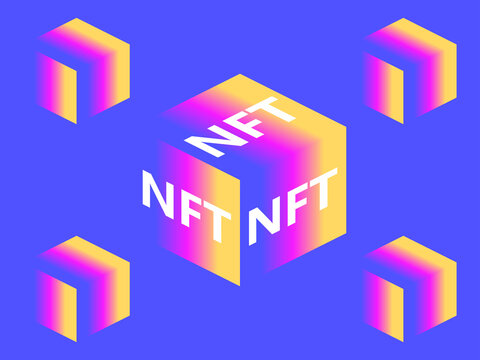 NFT token cube with blue and yellow color gradient. Non-fungible NFT token. isometric cube. Digital art in blockchain technology. Vector illustration