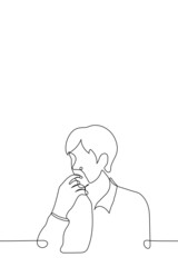 man sitting biting his index finger - one line drawing vector. the concept of surprise, mystery, interest, intrigue, infantilism, finger licking