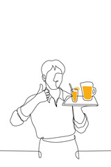 male waiter stands with tray on which there is decanter and glass filled with orange juice with his free hand he points finger up - one line drawing vector. concept of natural juice, healthy food
