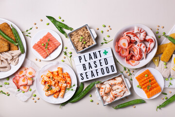 Vegan Plant based fish and seafood, food reducing carbon footprint