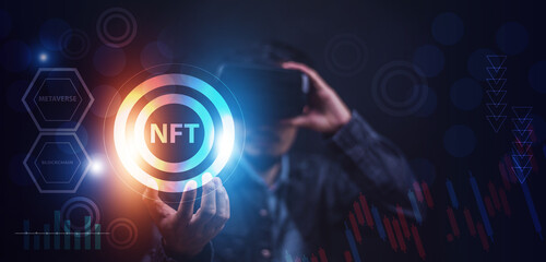 Businessman VR glasses Avatar on metaverse trading NFT non fungible token for crypto art in blockchain