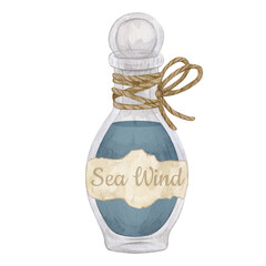 Watercolor illustration with vintage blue potion bottle decorated with rope and labels. Isolated on white.