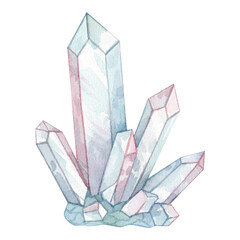 Watercolor illustration of a delicate pink-blue crystal. Isolated on white background. Magic hand drawn collection.