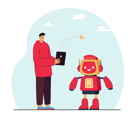 Remote control of robot by engineer. Happy man using AI technology of future flat vector illustration. Artificial intelligence, engineering concept for banner, website design or landing web page