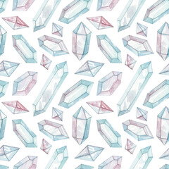 Watercolor seamless pattern with a delicate pink-blue crystals. Isolated on white background. Magic collection.