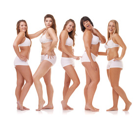 Her confidence is all natural. A group of women with different body shapes standing together in...
