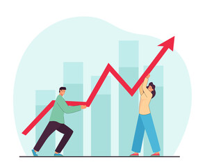 Corporate people holding growing market profit arrow together. Success collaboration of tiny man and woman flat vector illustration. Teamwork concept for banner, website design or landing web page
