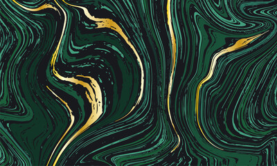 Abstract horizontal marble background. Green and gold vector liquid texture