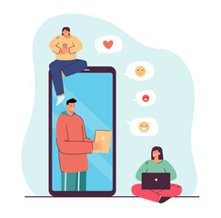 Users giving reactions and feedback to popular content. Tiny people using laptop and phones flat vector illustration. Social media, influence concept for banner, website design or landing web page