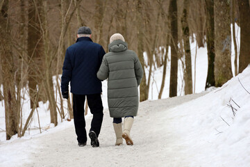Elderly woman and man walking in winter park, rear view. Old couple in warm clothes during snow...