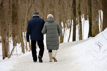 Elderly woman and man walking in winter park, rear view. Old couple in warm clothes during snow weather, concept of old age