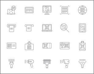 Set of QR code and scan icons line style. It contains such Icons as bar code, label, qr, tag, scanner, pay, digital and other elements.