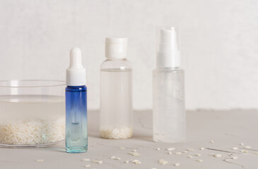 Rice water skin care products. Holistic beauty concept, fermented beauty care trend