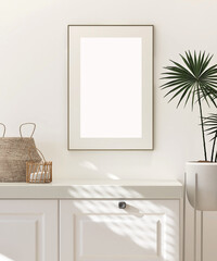 Mockup blank brown picture frame on the white beige wall in contemporary cottage style room with sideboard and cupboard in morning sunlight. 3D render for poster frame template.