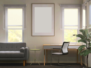 Mockup blank gold stainless steel photo frame on white beige wall in contemporary style room above modern working desk, chair and house plants in morning sunlight. 3D render for poster frame template.