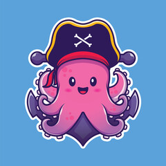 Cute Pirate Octopus With Anchor Cartoon Vector Icon Illustration. Animal Pirate Icon Concept Isolated Premium Vector. Flat Cartoon Style