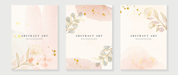 Fototapeta na wymiar Elegant botanical background template. Luxury watercolor wallpaper with leaves, branches, eucalyptus leaf and flower. Gold line art pattern for prints, wall art, banner, wedding and invitation.