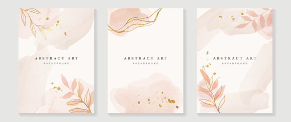 Elegant botanical background template. Luxury watercolor wallpaper with leaves, branches, eucalyptus leaf and flower. Gold line art pattern for prints, wall art, banner, wedding and invitation.