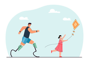 Man with prosthetic legs running after girl with flying kite. Healthy exercises of people flat vector illustration. Outdoor activity, disability concept for banner, website design or landing web page