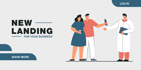 Doctor recommending couple patients drinking water. Smiling man and woman holding bottles hydrating for body refreshment. Healthy lifestyle. Flat cartoon vector illustration.