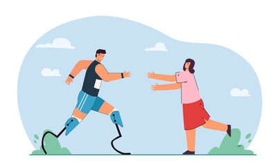 Happy woman running to hug jogger with prosthesis. Man with amputated legs training flat vector illustration. Disability, respect and support concept for banner, website design or landing web page