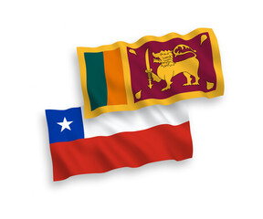 National vector fabric wave flags of Sri Lanka and Chile isolated on white background. 1 to 2 proportion.