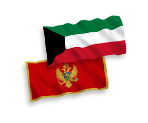 National vector fabric wave flags of Montenegro and Kuwait isolated on white background. 1 to 2 proportion.