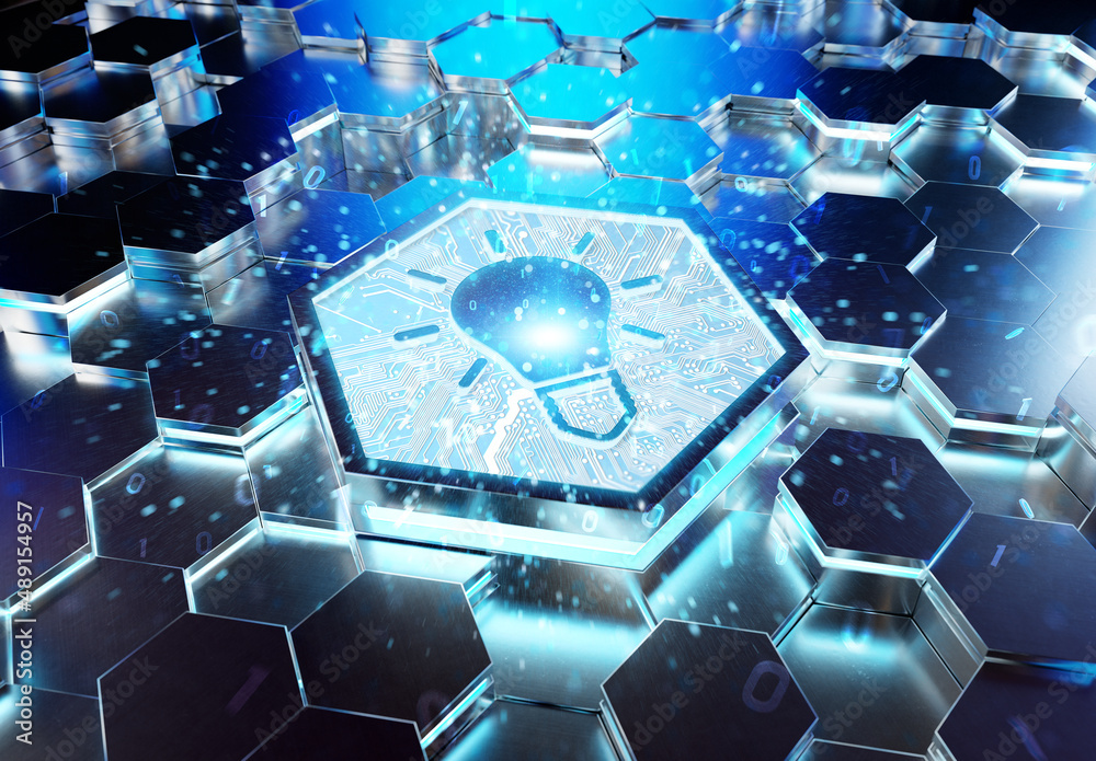 Aufkleber Lightbulb icon creativity concept engraved on metal hexagonal pedestral background. Innovation symbol glowing on abstract digital surface. 3d rendering