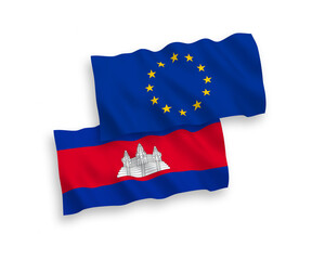 National vector fabric wave flags of European Union and Kingdom of Cambodia isolated on white background. 1 to 2 proportion.