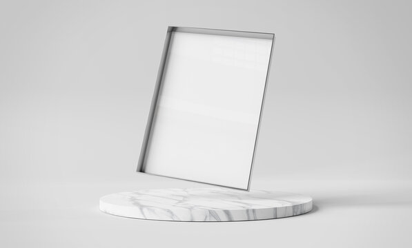 Blank Metal Photo Frame Mockup Floating Over Marble Podium Display. Picture Framing On Pedestal Platform 3d Rendering