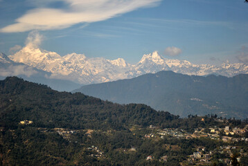 A panoramic view of Mt. Kanchanjunga as seen from Bulbulay look mesmerizing in Gangtok, Sikkim. This is the third highest peak of the world 8586 meters. ..
