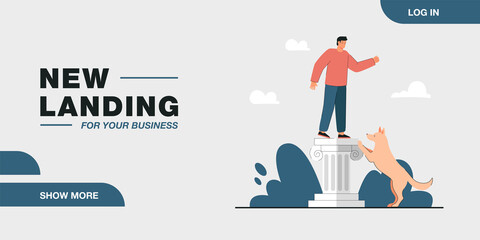 Cartoon man standing on column while playing with dog outside. Owner training puppy flat vector illustration. Pets, outdoor activity, domestic animals concept for banner or landing web page
