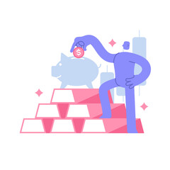 Flat modern character stands on bars of gold, and puts a coin in a pig piggy bank. Gold investment, money management. Business Concept illustration with man taking part in business activities