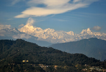 A panoramic view of Mt. Kanchanjunga as seen from Bulbulay look mesmerizing in Gangtok, Sikkim....