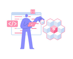 Flat modern character block by block leads the development of software. web and application development. Business Concept illustration with man taking part in business activities