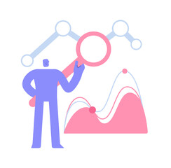 Flat modern character with a magnifying glass analyzes data in detail, investment in business. Global Business. Business Concept illustration with man taking part in business activities