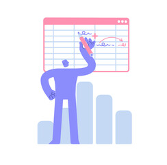Flat modern character works in spreadsheets for easy calculation of accounting balance. accounting software. analysis, plan, strategy. Business illustration with man taking part in business activities