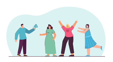 Man announcing news event for happy women. Male leader holding megaphone and shouting to girls flat vector illustration. Propaganda, mass media concept for banner, website design or landing web page