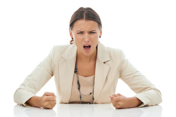 Ive had enough. A young businesswoman slamming her fists down in anger and frustration, isolated on...