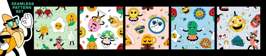 Set of cool seamless retro cartoon stickers with funny comic characters, gloved hands. Backgrounds with cute hand-drawn comic characters.