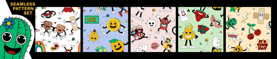 Set of seamless retro cartoon stickers with funny comic characters, gloved hands. Backgrounds with cute hand-drawn comic characters.