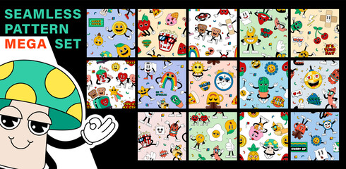 Mega set of cool seamless retro cartoon stickers with funny comic characters, gloved hands. Backgrounds with cute hand-drawn comic characters.